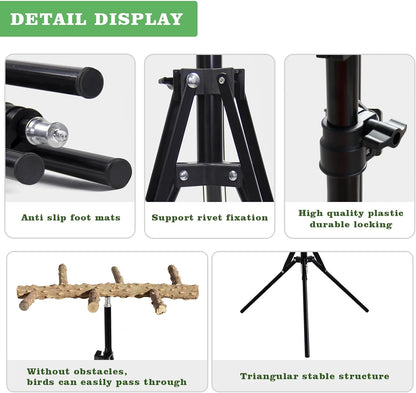 Wooden Bird Perch Stand with a Height Adjustable Tripod, Bird Training Accessories for Indoor or Outdoor, Birds Stand for African Grey, Budgies, Cockatiels, Lovebirds, Conures, Small to Medium Birds