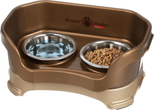 Neater Feeder Deluxe Mess Proof Cat Bowls Elevated for All Breeds – Made in USA – No Spill Raised Bowls for Indoor Cats – Stainless Steel Food and Water Bowl Set, Pet Dish Feeding Station, Bronze