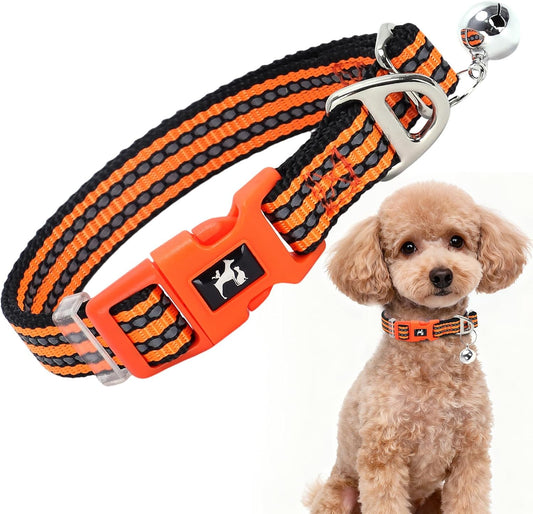 Adjustable Reflective XS/XXS Dog Collar with Bell - Nylon Puppy Collar for Chihuahua, Pomeranian, Small Dogs, Nighttime Safety, Orange XS