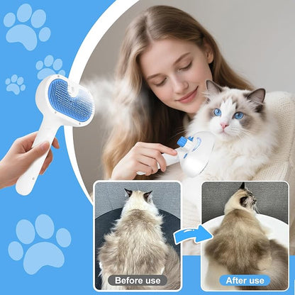 Pet Steam Brush for Dog & Cat - 3-in-1 Steam Grooming Brush for Shedding & Hair Removal - Self Cleaning Spray Comb with Mist for Long Haired Pets - Includes 2*Waterless Shampoo, Blue