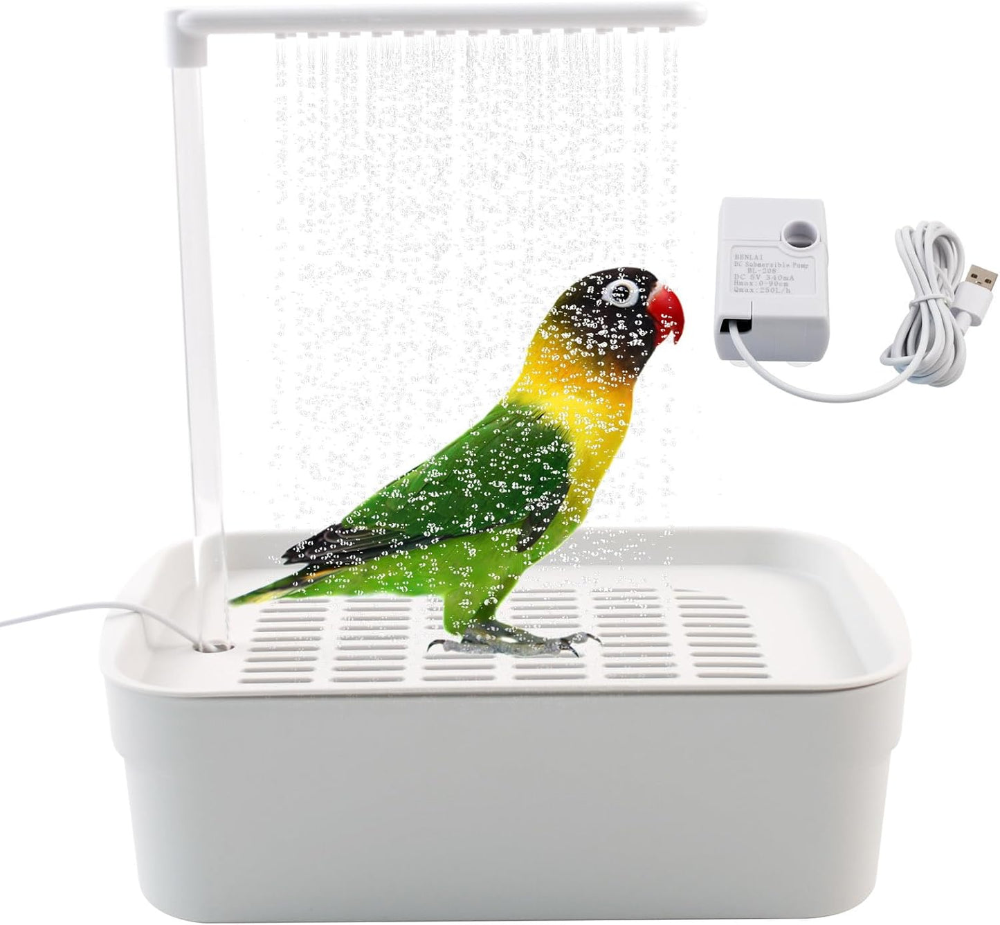 PINVNBY Automatic Bird Bath with Pump,Parrot Bathtub Shower Parakeet Bath Box with Cage USB & Power Plug Water Circulated Controller for Cockatiel Lovebird Conure Budgie(White)