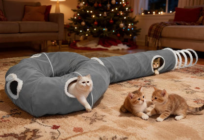 Ownpets 2-in-1 Cat Tunnel Bed, Lollipop Shape Large Cat Tunnel Toy, Plush Foldable Cat Cave Hideout Donut Tunnel for Kitten Rabbit Ferret, Grey
