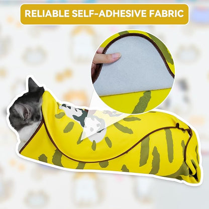 Cat Grooming Wrap for Cutting Nails, 27.6" Anti-Escape Calming Cat Swaddle Wrap for Medicine, Nail Clipping, Teeth Brushing, Ear Cleaning, Self-Adherent Burrito Restraint, (Tiger Print, L)