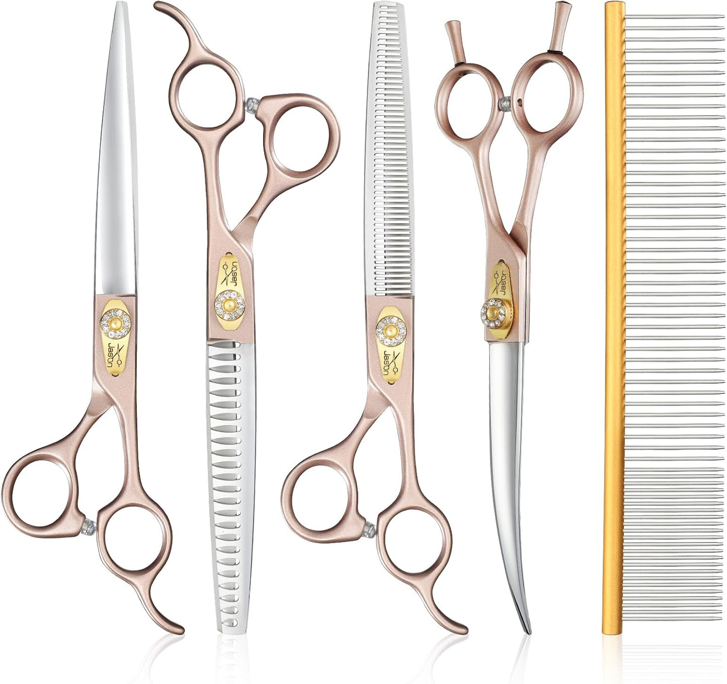 JASON Professional 6 in 1 Dog Scissors Kit - 7.5" Thinning, Chunker, Straight, Curved Shears and Comb for Cat, Rosegold