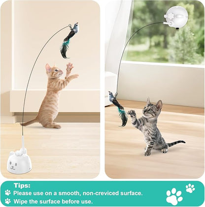 Cat Toys Feather Wand Enhanced Suction Cup Interactive Cat Toy Auto-Swing Cat Wand Toy with 3PCS Replacement Teaser Refills with Bell Bird/Ribbon/Worm