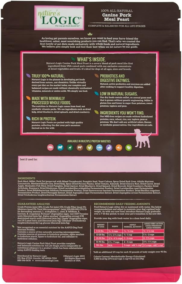 NATURE'S LOGIC Dry Dog Food - 100% Natural - No Synthetics - for All Ages, Sizes, Breeds - Free from Common Allergens, High Protein - Pork Meal Feast, 4.4lbs