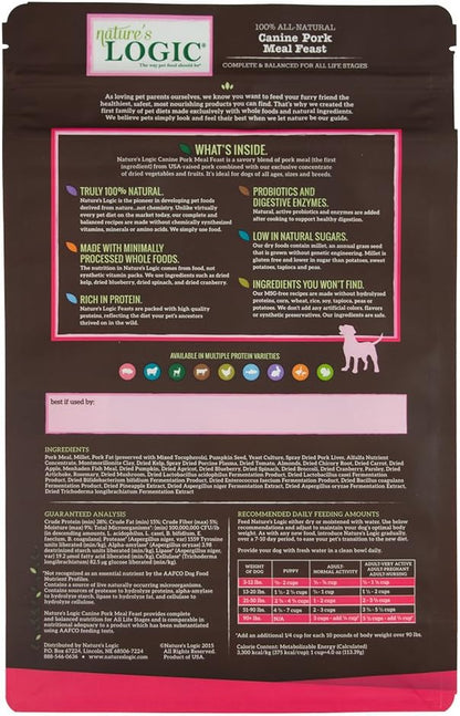 NATURE'S LOGIC Dry Dog Food - 100% Natural - No Synthetics - for All Ages, Sizes, Breeds - Free from Common Allergens, High Protein - Pork Meal Feast, 4.4lbs