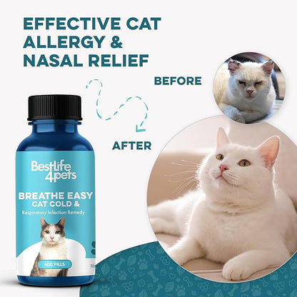 Cat Respiratory Comfort Supplement - Natural Breathe Easy Feline Support for All Seasons, Coughing, Occasional Nasal Stuffiness and Sneezing - 400 Odorless, Easy-to-Administer Tasteless Pills