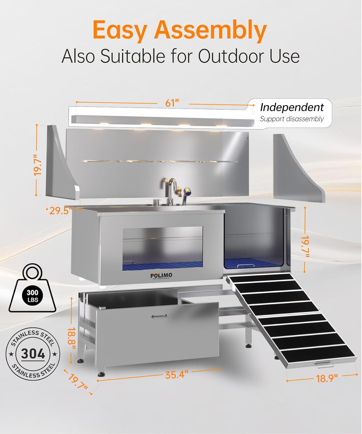 POLIMO Dog Washing Station, LED Professional Stainless Steel Dog Bathing Station 61", Dog Grooming Tub for Large, Medium & Small Dog - with Window, Ramp, Drawer, Floor Grate & Faucet (Right Ramp, 61")