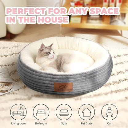 20in Washable Cat Beds for Indoor Cats - Round Donut Pet Bed for Cats, Small Dogs, Puppy, Kitten - Anti-Slip Bottom, Calming Bed Gift - Ideal for Every Home Space - Light Grey