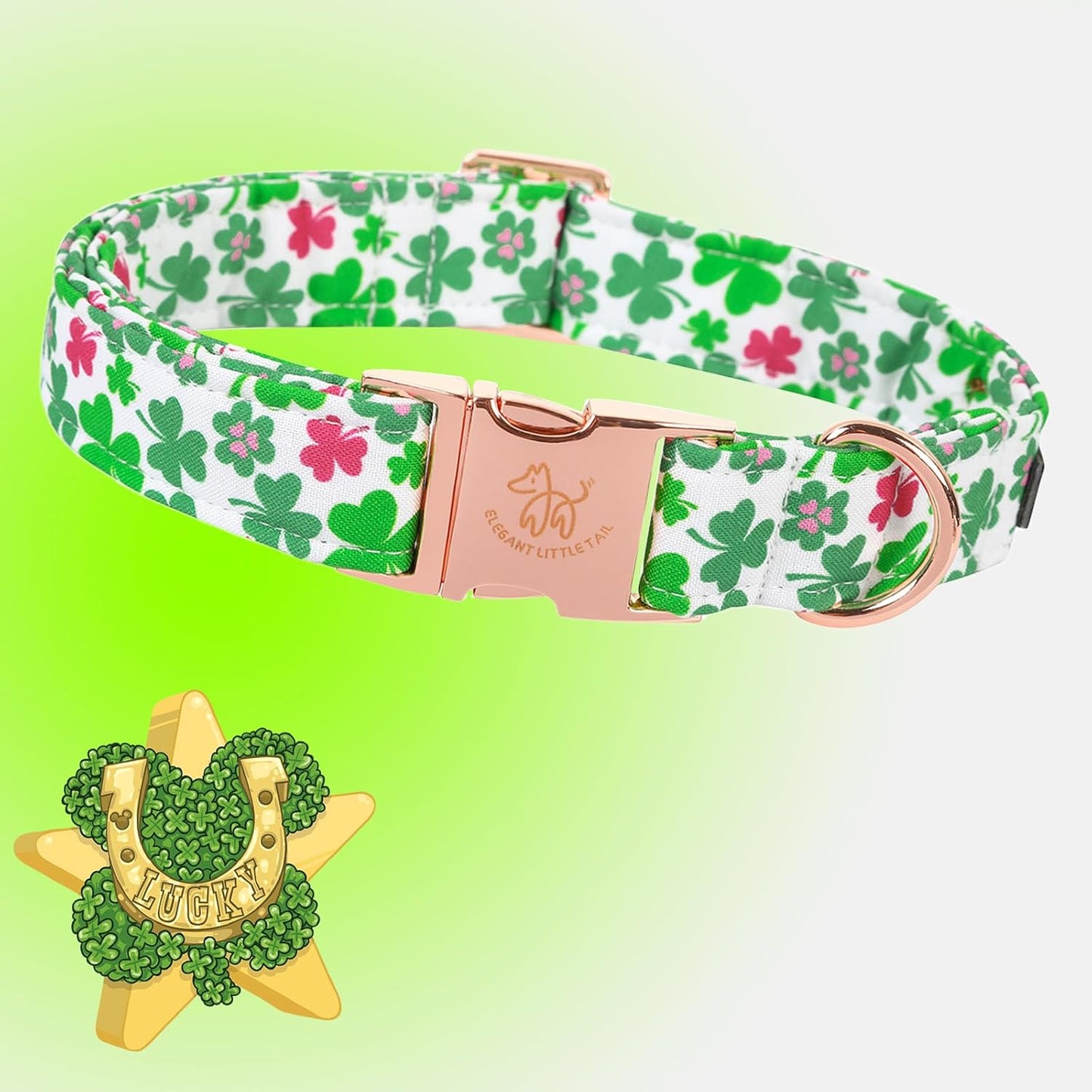 Elegant Little Tail Green Clover XL Dog Collar, Unique Design, Cotton, Adjustable, X-Large Dogs