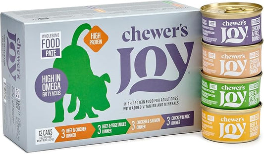 Chewer's Joy Wet Dog Food Variety Pack – 4 Flavors: Beef & Chicken, Chicken & Salmon, Chicken & Rice or Beef & Vegetables – Natural Pâté – High Protein – Complete Nutrition (3oz) – Pack of 24