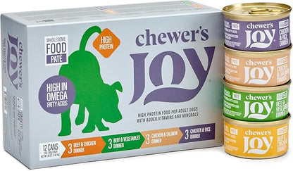 Chewer's Joy Wet Dog Food Variety Pack – 4 Flavors: Beef & Chicken, Chicken & Salmon, Chicken & Rice or Beef & Vegetables – Natural Pâté – High Protein – Complete Nutrition (3oz) – Pack of 12