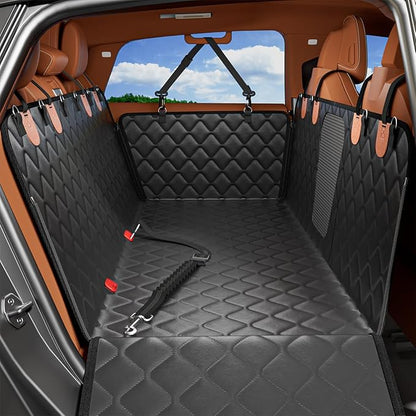 Leather Back Seat Extender for Dogs, Waterproof Dog Car Seat Covers for Back Seat with Hard Bottom, Dog Hammock for Car SUV and Truck（With Anti Scraatch Mesh Window and Retractable Belt Harness)