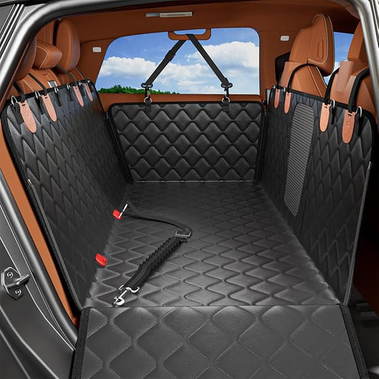 Leather Back Seat Extender for Dogs, Waterproof Dog Car Seat Covers for Back Seat with Hard Bottom, Dog Hammock for Car SUV and Truck（With Anti Scraatch Mesh Window and Retractable Belt Harness)
