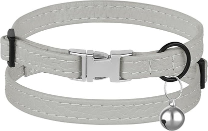 Leather Cat Collar with Buckle and Removable Bell - Non Breakaway Adjustable Soft Safety Small Pet Collars for Girl Boy Cats Kitten (Gray)