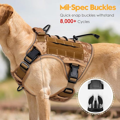 Heavy-Duty Tactical Dog Harness for Large Dogs, No Pull Adjustable Reflective Pet Vest with Molle System, K9 Military-Grade Control for Service Training, Outdoor & 10+ Breeds, Khaki Camo, X-Large