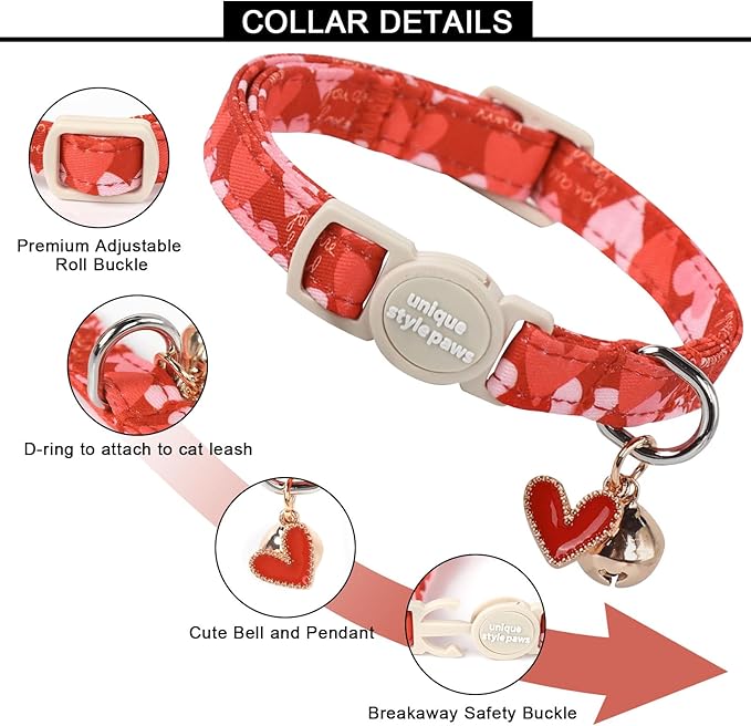 Unique style paws 2 Pack Valentine's Day Kitten Collar Breakaway with Bell&Pendant, Adjustable Safety Red Lip Rainbow Cat Cotton Collar for Girl Boy Cat and Small Pet