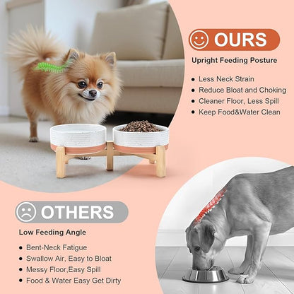 SPUNKYJUNKY Elevated Dog Bowls Ceramic, 5.1'' Dogs and Cat Food Water Bowls Raised with Non-Slip Bamboo Stand for Puppy Small Sized Breed Microwave Dishwasher Safe - 13.5 OZ,Pattern White