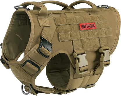 OneTigris Large Tactical Dog Harness, No Pulling Adjustable Dog Vest Harness, Heavy Duty Dog Harness with Handle, Large Hook and Loop Panels for Patch Brown