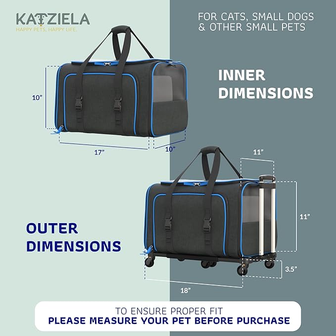 Katziela Rolling Rover Airline Compliant Expandable Premium Pet Carrier 6-Wheeled Baseboard Telescopic Handle Two-Sided Expandable Rolling Carrier Designed (Black- Blue Piping)