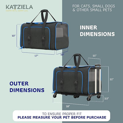 Katziela Rolling Rover Airline Compliant Expandable Premium Pet Carrier 6-Wheeled Baseboard Telescopic Handle Two-Sided Expandable Rolling Carrier Designed (Black- Blue Piping)