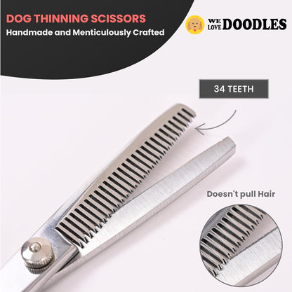 Dog Grooming Scissors Kit - Best Tools for Goldendoodles, Poodles & Doodles - Straight, Curved & Thinning Shears - Golden Doodle Grooming Kit - Professional Grade Steel, 4 Pc Set (Long Silver)