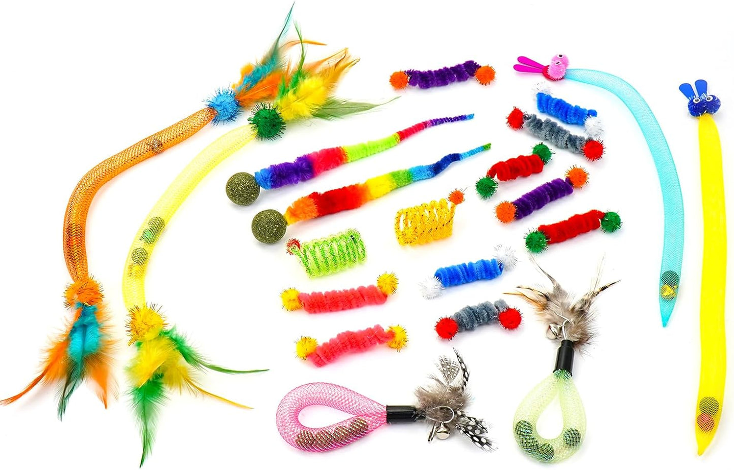 20PCS Interactive Cat Toys t for Indoor Cats, Feather Elastic Mesh, Catnip Ball, Colorful Spring, Rainbow Plush, Teething & Self-Play Kitten Accessories Variety Pack