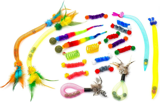20PCS Interactive Cat Toys t for Indoor Cats, Feather Elastic Mesh, Catnip Ball, Colorful Spring, Rainbow Plush, Teething & Self-Play Kitten Accessories Variety Pack