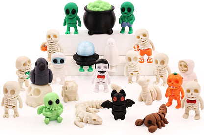 Mini 3D Printed Figurines Set for Halloween Decorations, Articulated, Flexible, and Exquisitely, Skeleton, Zombie, Alien