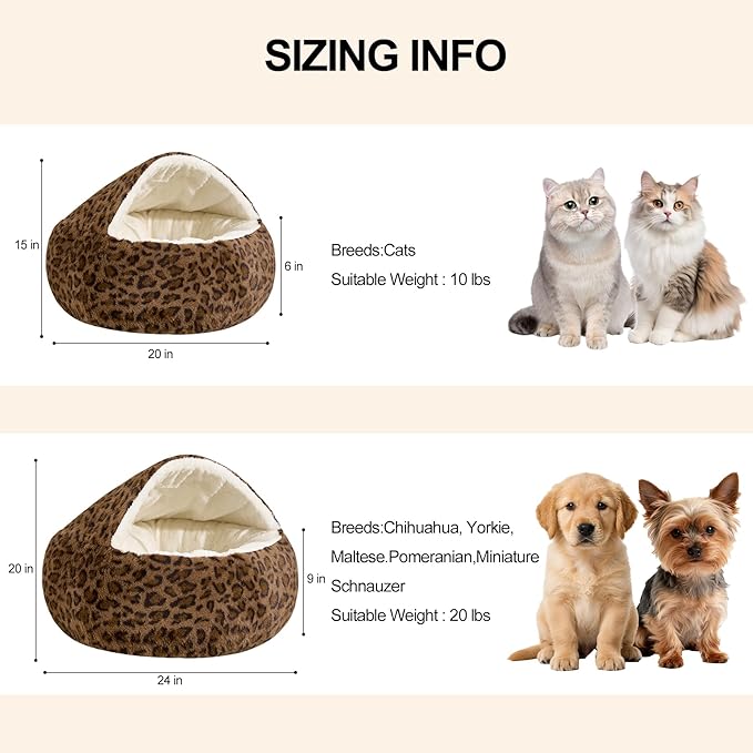 Calming Dog Beds & Cat Cave Bed with Hooded Cover,Removable Washable Round Beds for Small Medium Pets,Anti-Slip Faux Fur Fluffy Coved Bed for Improved Sleep,Fits up to 15/25 lbs(Leopard Print,M)