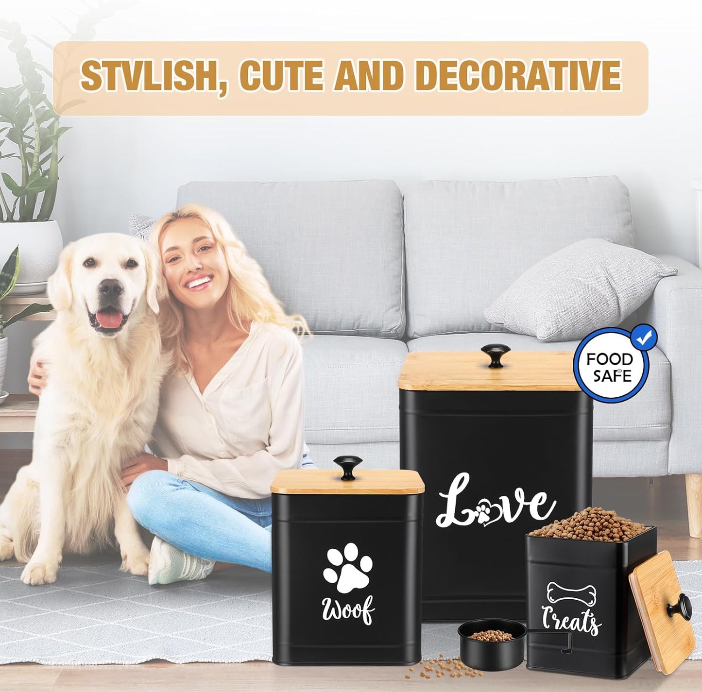 Metal Dog Treat Containers Set of 3 with Bamboo Lids and Spoon Airtight 7+3+2 lbs Dog Food Snack Jars with DIY Labels Big Pet Cookie Storage Jar for Kitchen Counter(Black,Classic)