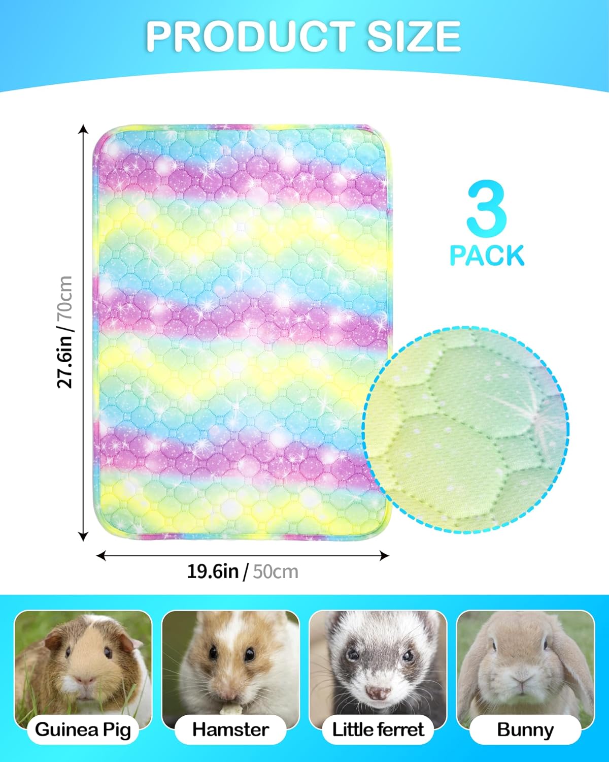 3 Pack 28” x 20” Rainbow Guinea Pig Cage Liners,Washable Guinea Pig Pee Pads,Guinea Pig Bedding for Rabbits Ferret Hamster Chinchilla Bunny Small Animals