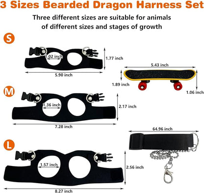 PINVNBY 3 Size Bearded Dragon Harness and Leash Set Adjustable Soft Leather Lizard Leash with Traction Rope Mini Skateboard Toy for Small Animal Reptile Reptile Walking Outdoor Adventures (Black)