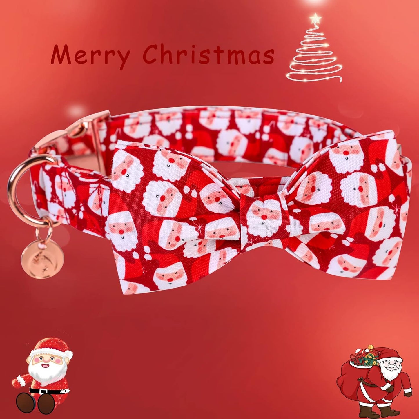 DOGWONG Christmas Dog Collar with Bow tie, Red Santa Claus Dog Collar Soft Durable Adjustable Cotton Puppy Collar for Small Medium Large Dog