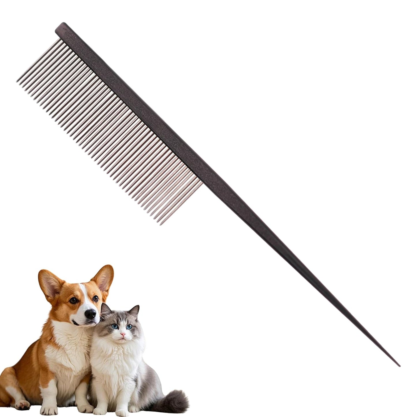 Grooming Pet Comb Rat Tail Dematting Cat and Dog Comb，Rounded Ends Design for Safe Tangle Removal, Hairstyling, Massage，Loose Hair Removal，Prevent Irritation，Fluffing Paws,Face,Tail,Remove Tear Stain