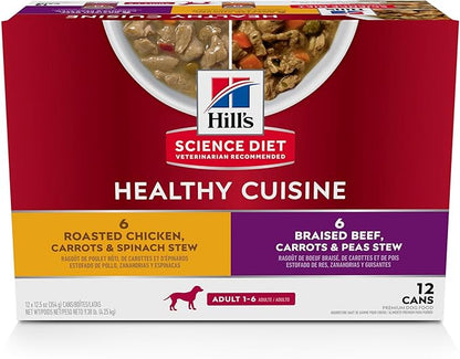 Hill's Science Diet Healthy Cuisine, Adult 1-6, Great Taste, Wet Dog Food, Variety Pack: Roasted Chicken, Carrots & Spinach; Braised Beef , Carrots & Peas Stew, 12.5 oz Can Variety Pack, Case of 12