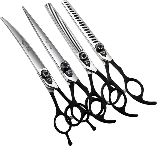Fenice Peak 7.0'' Professional Dog Grooming Scissors Set with Black Non-Slip Handle 440C Stainless Steel Straight Thinning Curved Chunker Shears 4pcs Set for Pet Grooming Services
