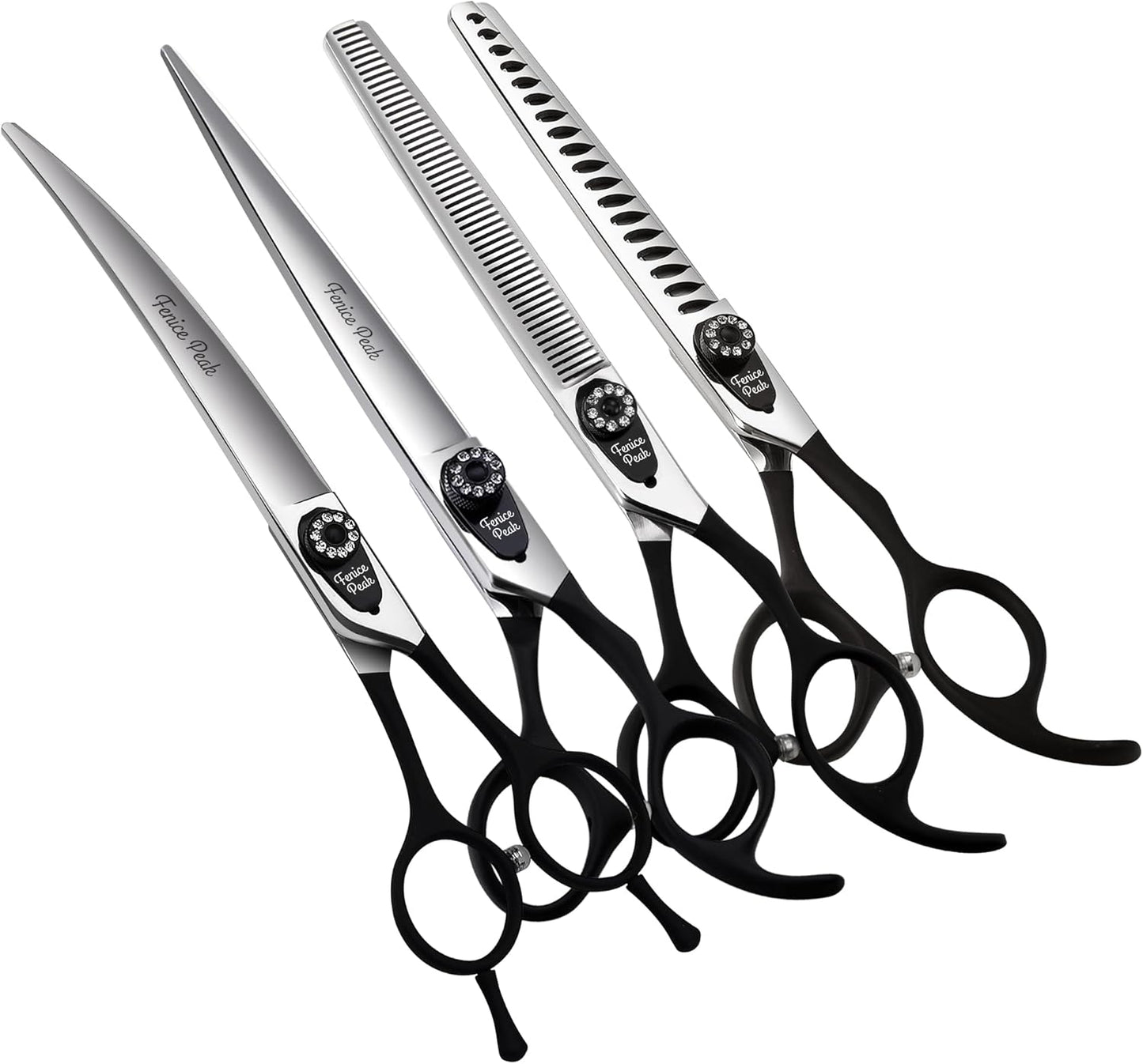 Fenice Peak 7.5'' Professional Dog Grooming Scissors Set with Black Non-Slip Handle 440C Stainless Steel Straight Thinning Curved Chunker Shears 4pcs Set for Pet Grooming Services