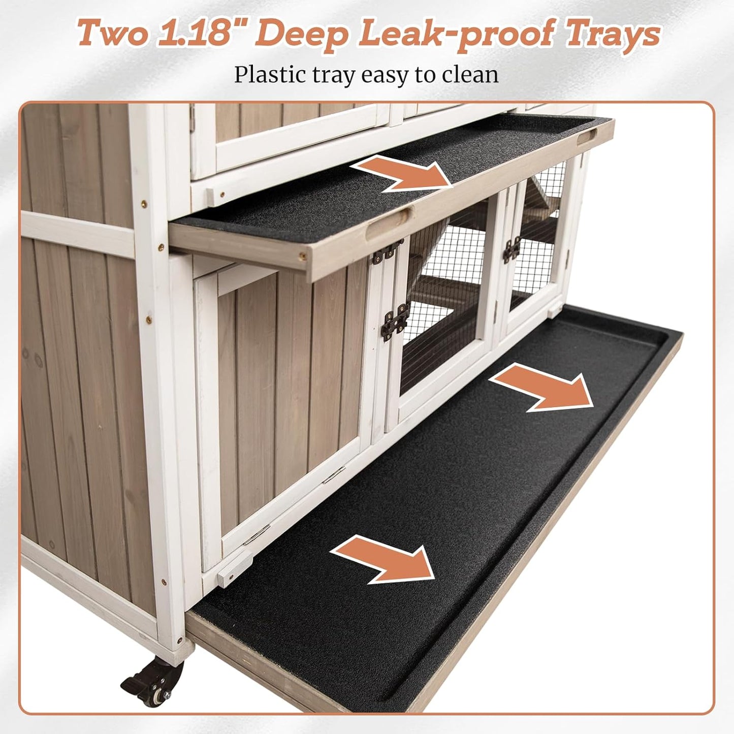 2 Story Large Rabbit Hutch Indoor with 2 Deeper Pull-Out Trays, Wooden Rabbit Cage with 4 Lockable Wheels, Ramp, Chew-Anti Metal Strip for Rabbit, Guinea Pig, Hamster(47" L x 18" W x 42" H)