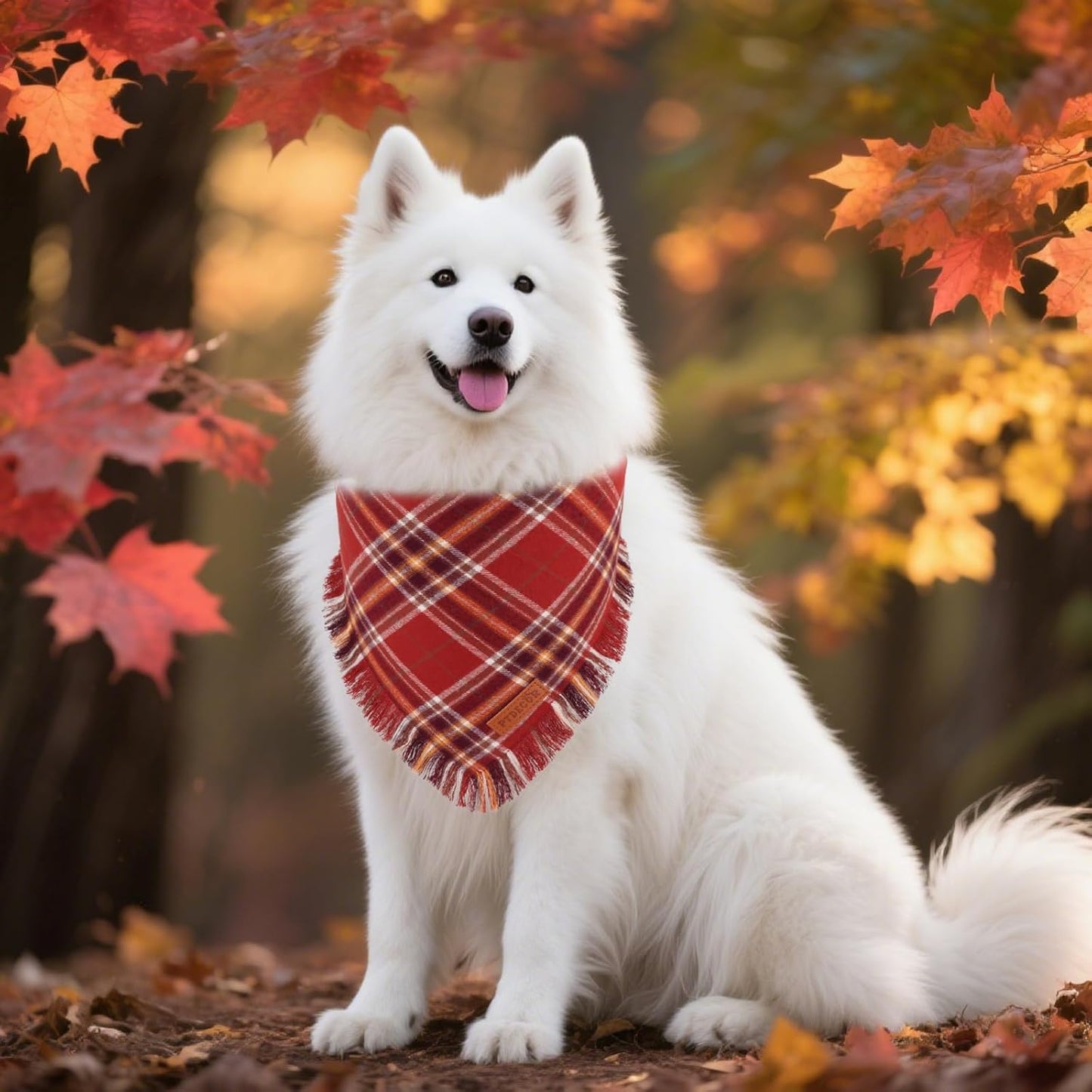 PTDECOR Fall Dog Bandanas with Tassels Edges, Orange and Brown Plaid Scarf Bib, Halloween Thanksgiving Autumn Pet Bandana, Reversible Triangle Bandanas for Small Dogs Puppies Cats(Small)
