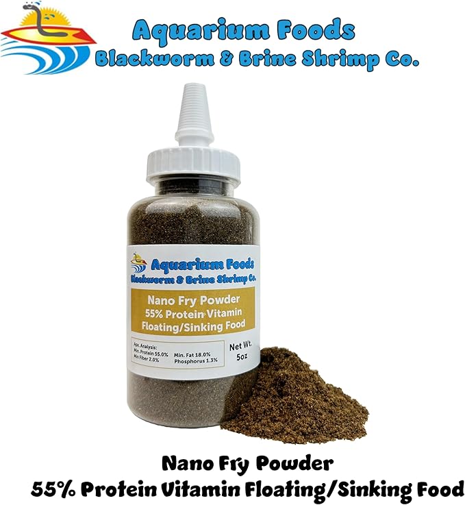 Aquatic Foods Inc. Nano Fry Powder, 55% Protein Vitamin Rich Floating/Slow Sinking Powdered Fry Growth Food for All Tropical Fish, Baby Cichlids, Bettas, Tetras, Guppies…5oz Squeeze Bottle