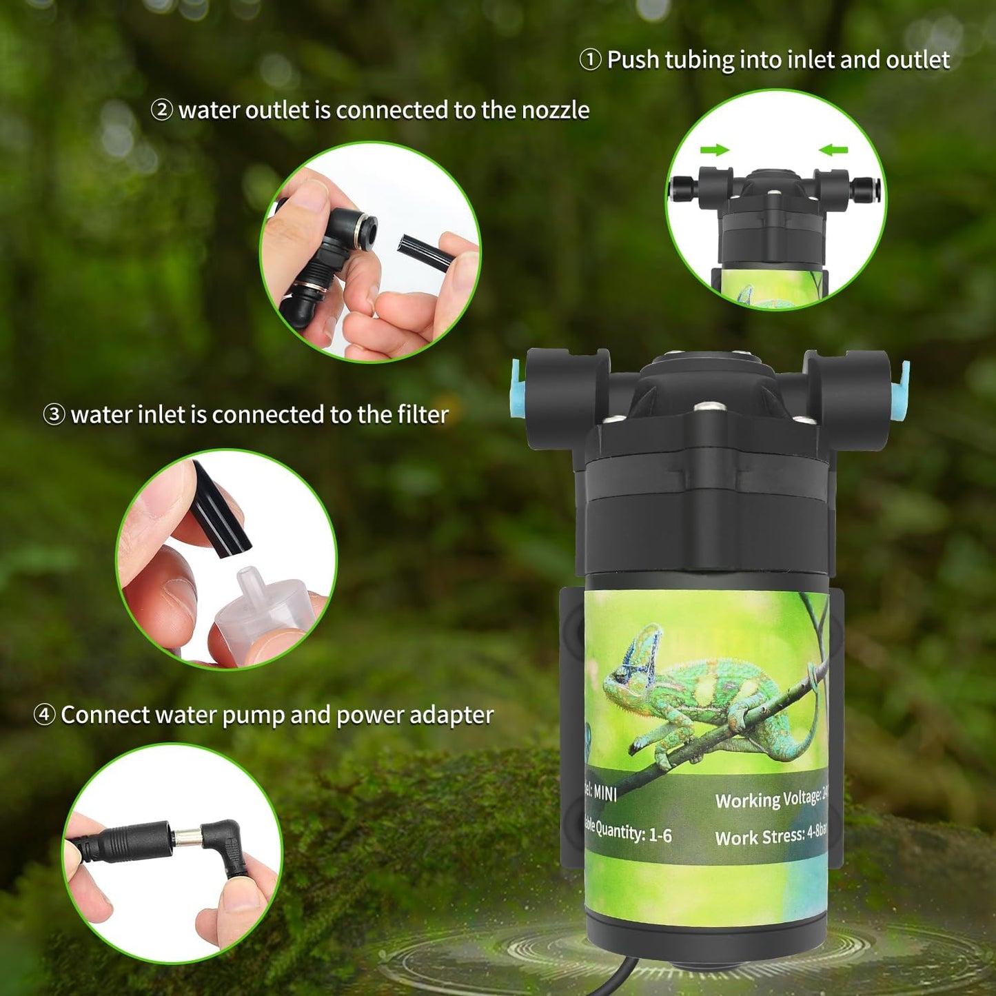 Reptile Mister System, External Timer & 360° Adjustable Nozzle, Humidifier for Reptiles, Amphibians, Rainforest Plants and Aquariums