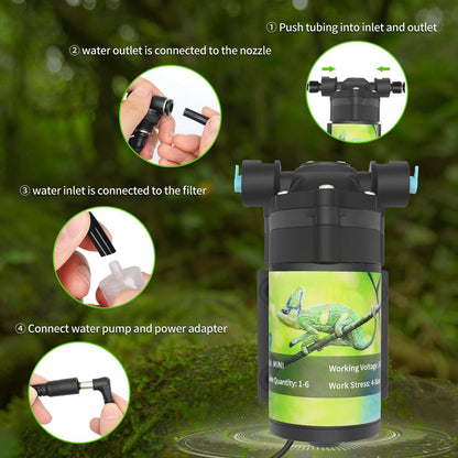 Reptile Mister System, External Timer & 360° Adjustable Nozzle, Humidifier for Reptiles, Amphibians, Rainforest Plants and Aquariums