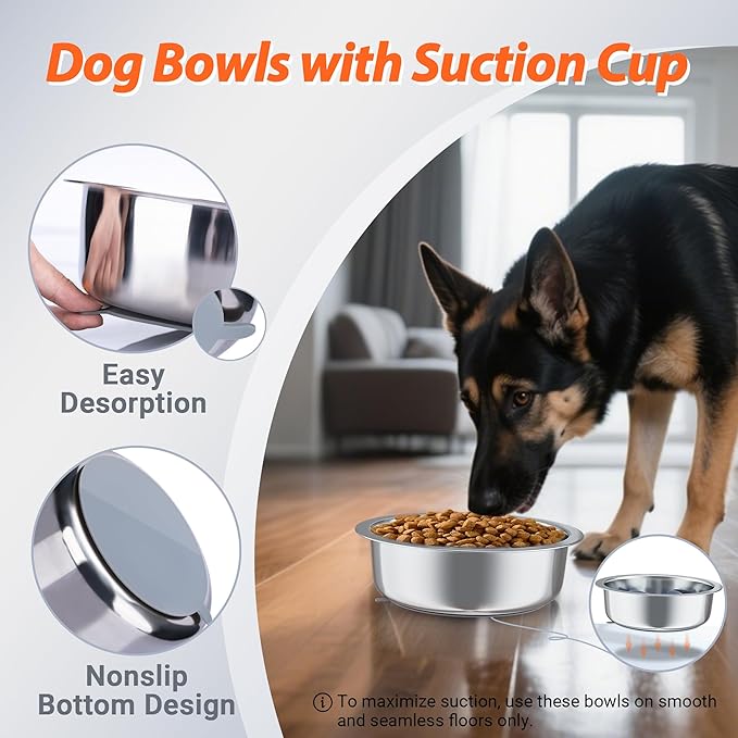 Stainless Steel Dog Bowls with Suction Base 2 Pack,Non-Slip Pet Food and Water Bowls Set with One Slow Feeder Insert for Tile/Hardwood/Smooth Floors