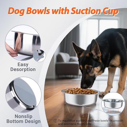 Stainless Steel Dog Bowls with Suction Base 2 Pack,Non-Slip Pet Food and Water Bowls Set with One Slow Feeder Insert for Tile/Hardwood/Smooth Floors