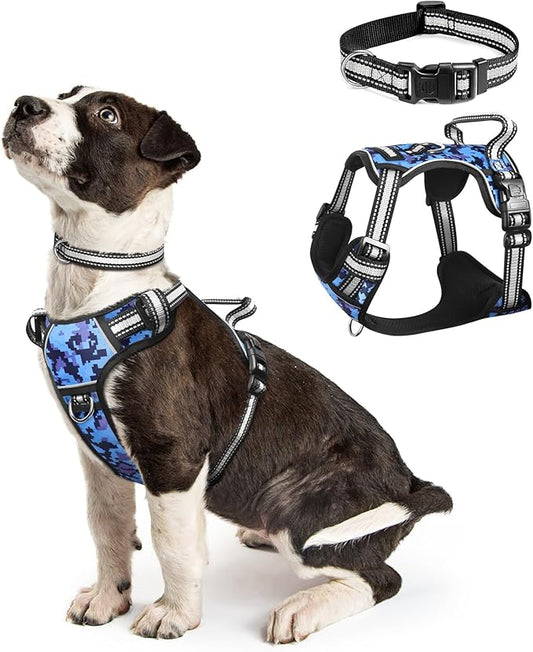 WINSEE Dog Harness No Pull, Pet Harnesses with Dog Collar, Adjustable Reflective Oxford Outdoor Vest, Front/Back Leash Clips for Small, Medium, Large, Extra Large Dogs, Easy Control Handle for Walking
