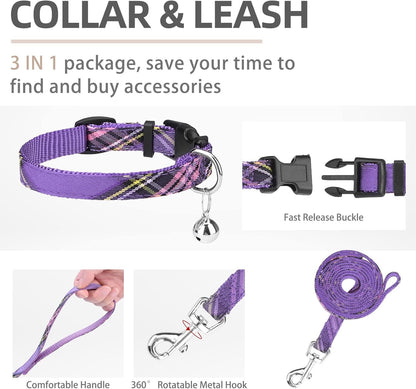PUPTECK Adjustable Dog Harness Collar and Leash Set Step in No Pull Pet Harness for Small Medium Dogs Puppy and Cats Outdoor Walking Running, Soft Mesh Padded Reflective Vest Harnesses, Purple XL