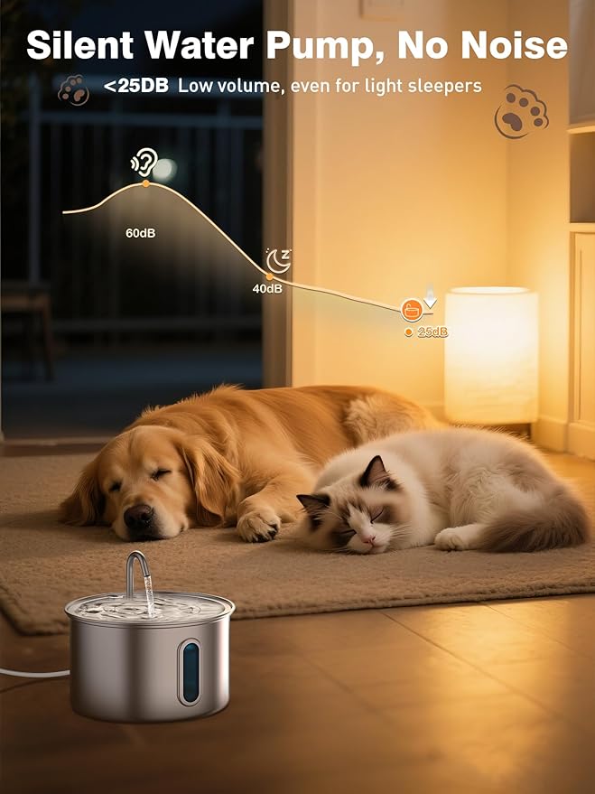 Stainless Steel Cat Water Fountain, 3.2L/108oz Quiet Automatic Cat Water Dispenser, Indoor Pet Spout, Dog Drinking Bowl with 1x Filter & 1x Sponge for Cats/Dogs/Multiple Pets - Silver