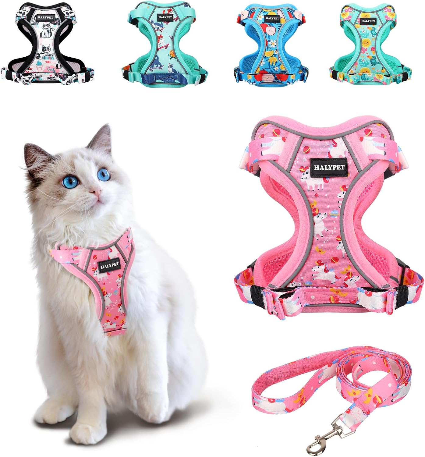 Halypet Cat Harness and Leash Set[MAX Safety 4th-Gen] Cute Escape Proof Vest Harness for Girl&Boy Cat Walking, Comfortable Adjustable Leash and Reflective Strips for Outdoor Kitten, S Pink Unicorn